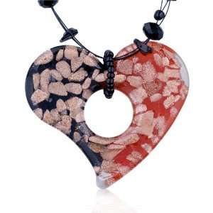  Murano Glass Half Black Red Open Heart Pendant Necklace 
