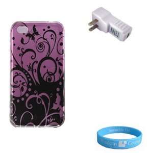  Purple Swirl Snap on Carrying Case for iPhone 4 + USB Wall 