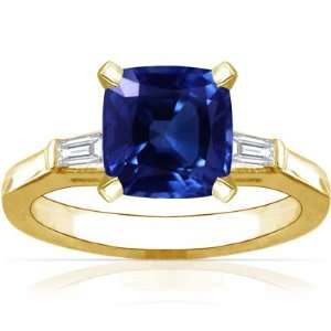  18K Yellow Gold Cushion Cut Blue Sapphire Three Stone Ring 
