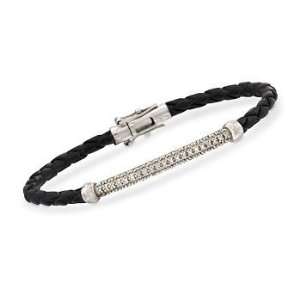   Braided Black Leather and .20 ct. t.w. Diamond Bar Bracelet: Jewelry