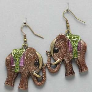  Womens Earrings, Painted Elephant, 1 1/2 Wide, 2 1/4 
