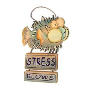    Wooden Blowfish Hangng Sign Plaque Stress Blows