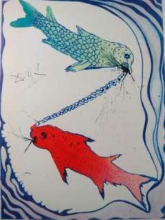 1969 Salvador Dali Zodiac Signs Print Pisces Offset Lithograph Vintage 