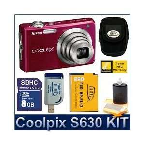  Nikon Coolpix S630 Red Kit with 8GB SD, Reader, Battery 