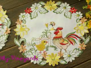 Spring Easter Holiday Rooster Eggs Chicken Daffodils Embroidered Doily 