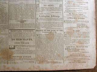 RARE ORIGINAL 1824 LEXINGTON PUBLIC ADVERTISER Kentucky NEWSPAPER 187 