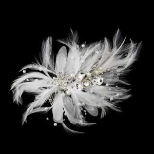  Incandescent Silver Clear Rhinestone & Ivory Feather 