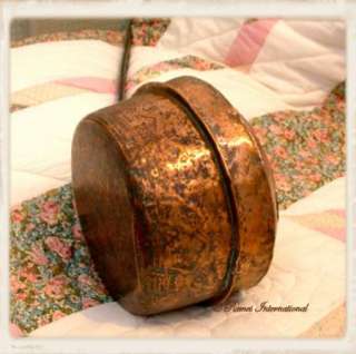   Hammered Copper Bed Warmer, Long Cast Iron Handle, Lg, late 1800s