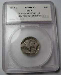 1917 D Buffalo Nickel 3 1/2 Legs FS 901 FS 016.42 *Original VG*  