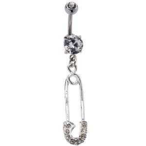  14G 3/8 Gem Safety Pin Dangle Steel Belly Barbell 