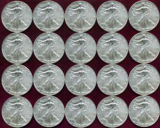 FULL ROLL (20 COINS) OF 2012 UNCIRCULATED AMERICAN SILVER EAGLES 