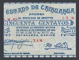 50 CENTAVOS Note MEXICO REVOLUTION 1915 Chihuahua   AU  