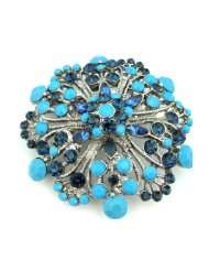 Big Sapphire Blue Crystal & Turquoise 2.50 Flower Floral Pendant 