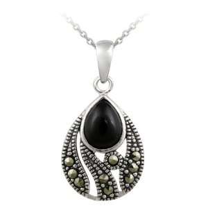  Sterling Silver Onyx & Marcasite Teardrop Pendant: Jewelry