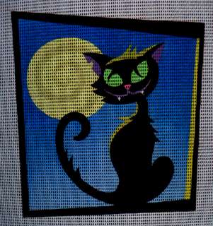 Needlepoint canvas Black cat & Halloween new moon  