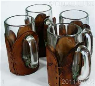 Set 4 Vintage Western Leather Westward Ho Beer Mugs Steer Head  