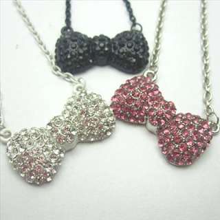 Free p&p Hellokitty jewelry pink &silver& black bow crystal necklace 