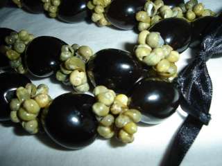 Black Kukui Nut w Green Mongo Shell Necklace Lei 30  