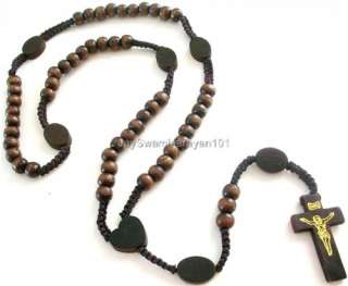 Religious Brown Wooden Cross Beaded Rosary Necklace Crucifix Gift 