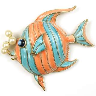 Trifari Salmon Pink and Blue Angelfish with Bubbles Pin  