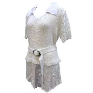  Club Collared, Short Sleeve White and Silver Knit Sweater Dress 