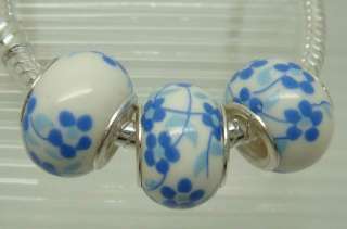 flower printed ceramic charm Beads with silver plated core Fit 