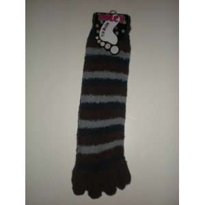  Fuzzy striped long toe socks (Brown, navy blue 
