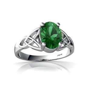  14K White Gold Oval Created Emerald Celtic Trinity Ring 