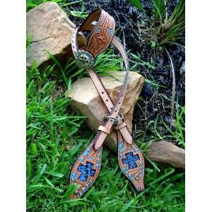    BRIDLE WESTERN LEATHER HEADSTALL BLUE CROSS BLING 
