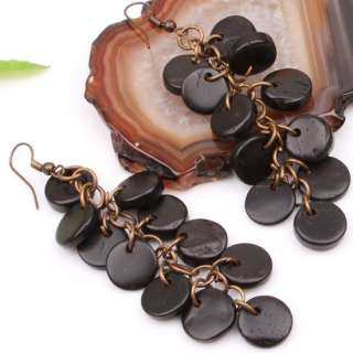 Black Coconut Shell Coin Button Bead Dangle Earrings 1p  