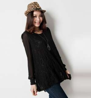 Asian Sizes L 4XL Womens Lace hollow out long Chiffon sleeve tops 