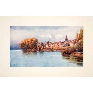  1909 Color Print Cityscape Cully Vaud Switzerland Lake 