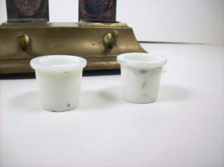 Vintage Brass Double Ink Well White Glass Wells with Pen Holder  