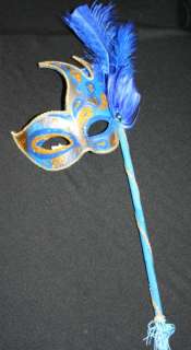 Blue Silver and Gold Venetian Mask with Feathers Mardi Gras Mask on a 