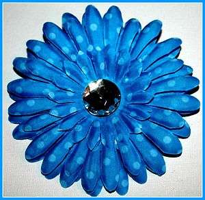 POLKA DOT GERBER DAISY FLOWER CLIP RHINESTONE BLUE  