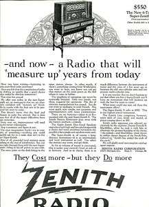 1924 Six Tube SUPER ZENITH RADIO Ad. Non regenerative  