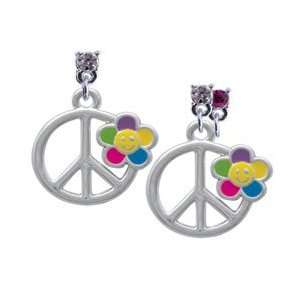   Daisy on Peace Sign Hot Pink Swarovski Post Charm Earrings Jewelry