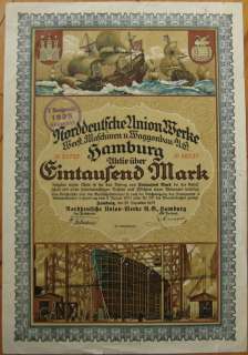 1922 Ship Building Bond/Stock: Norddeutsche Union Werke  
