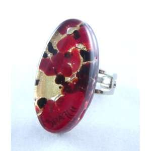    Red Gold Oval Venetian Murano Glass Adjustable Ring Jewelry
