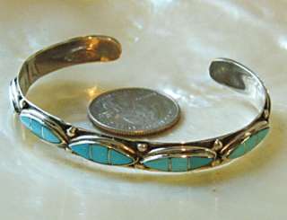 Zuni Sterling Silver Inlay Turquoise Narrow Cuff Bracelet  