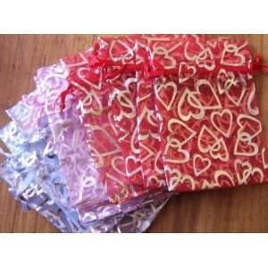 12 Pack Whimsical Pink, White, and Red Sheer Organza Drawstring Bags 