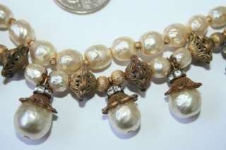 Vintage Sig Miriam Haskell Glass Baroque Pearls Gilded Metal Filigrees 