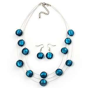   Teal Blue Glass Bead Wire Necklace And Drop Earring Set (Silver Tone
