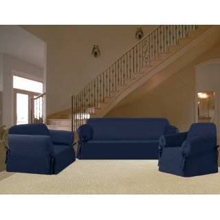 3Pcs Solid Micro Suede Navy Blue Sofa / Loveseat / Chair Slipcover 