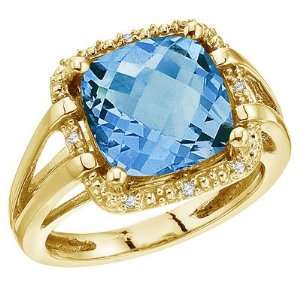 14K Yellow Gold 0.04 ct. Diamond and 10 MM Cushion Cut Blue Topaz Ring