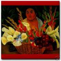 Diego Rivera Mexican Ceramic Art Tile Red Flower Vendor  