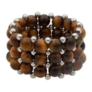  3 Row Tigers Eye and Sterling Silver Bead Stretch Ring 