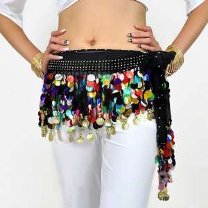 Belly Dance Hip Scarf With Colorful Paillettes, Gold Coins Vogue Style