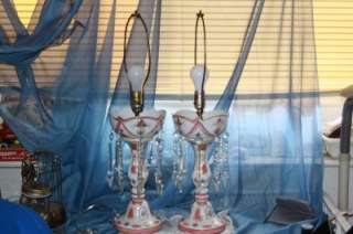Vintage PAIR 2 BOHEMIAN CZECH Porcelain Lustres Mantle Table Lamps 