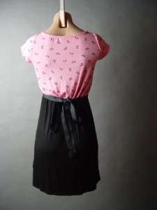   Pink Ribbon Bow Print Black High Waist Twofer Style Dress S  